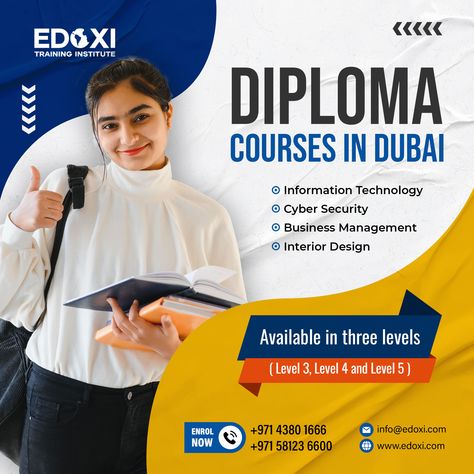 Acquire skills that would make you job-ready with Diploma Courses in Dubai. Get a step closer to the Bachelor's Degree of your choice with Edoxi Training Institute's Diploma Courses. Edoxi offers Diploma courses in IT, Cyber Security, Business Management and Interior Design. The courses are available in three levels- Level 3, Level 4 and Level 5. Enrol now! #Diploma #edoxi #dubai #DiplomaCourses Australia Visa, O Levels, Bachelor's Degree, Diploma Courses, Bachelors Degree, Udemy Courses, Level 5, Level 4, Education Center