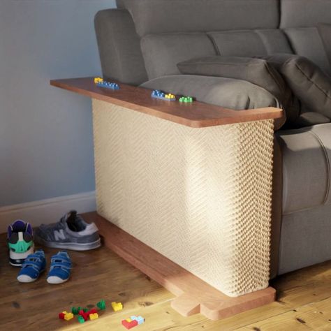 The All-in-One Cat Scratcher & Couch Table Combo | Here's why Cat-e-Corner is the purr-fect cat scratcher for every living room: ✅ Customizable woods and patterns ✅ Functional side table for your... | By Hilde & Phil Couch Arm Cat Scratcher, Cat Scratcher Couch Corner, Cat Scratcher Side Table, Cat Scratcher Couch, Cover Cat Scratches On Couch, Couch Scratching Post, Sofa Cat Scratcher, Couch Corner Cat Scratcher Diy, Couch Cat Scratcher