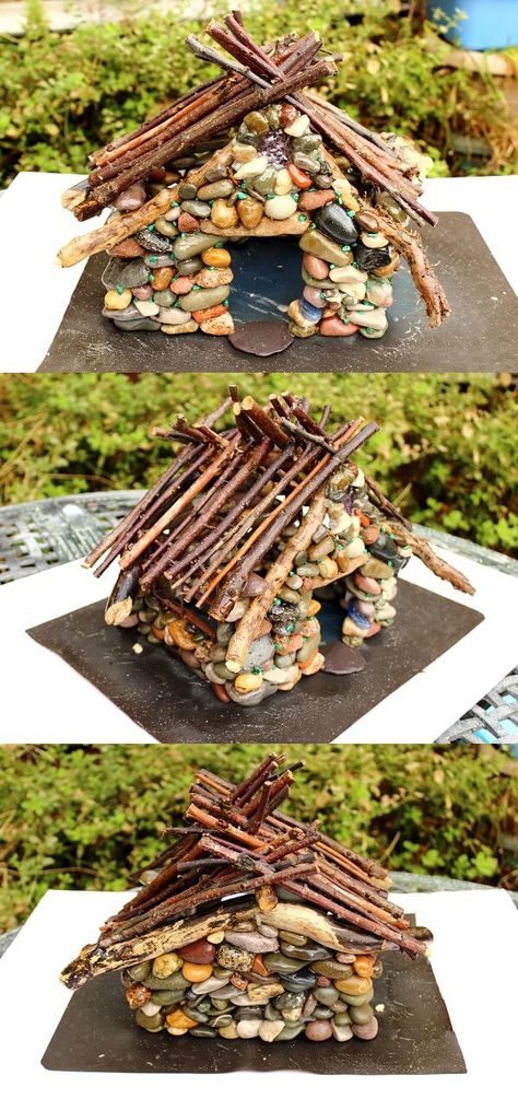 How to make a pebble fairy house - Free DIY tutorial by sewing bee fabrics Diy Stone Fairy House, Fairy Garden Home Decor, Faerie House Diy, How To Build Fairy Houses, Building A Fairy Garden, Toad Houses Diy How To Make, Diy Fairy Furniture, Fairy Rock Garden, How To Build A Fairy House