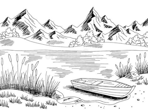 River Boat Graphic Black White Landscape Sketch Illustration Vector Stock Vector - Illustration of peak, flat: 184049666 Pond Drawing, River Drawing, Black White Landscape, Drawing Scenery, White Landscape, Pyrography Art, Landscape Sketch, Simple Line Drawings, Black And White Sketches