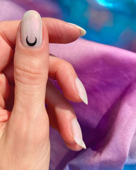 Black Nails Crescent Moon, Cuticle Moon Nails, Nail Design With Moon, Crescent Moon On Nails, Crescent Nails Design, Black Nails With Crescent Moon, Moon Accent Nail, Crescent Moon Nail Art, Cresent Moon Nail