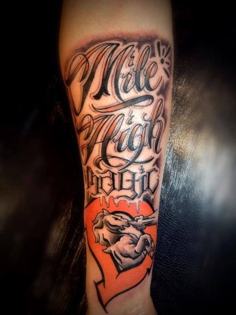 5280 Tattoo Colorado, Denver Broncos Tattoo Ideas, Denver Colorado Tattoo Ideas, Denver Tattoo Ideas, Love Sick Tattoo, Bronco Tattoo, Half Sleeve Tattoos Polynesian, Broncos Tattoo, Denver Broncos Tattoo