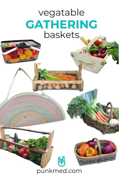 graphic with text "vegetable gathering baskets
 showing a variety of different vegetable gathering basket options for a vegetable or home herb garden - even a gathering basket for flowers! Diy Harvest Basket, Garden Harvest Basket Diy, Outdoor Gathering Basket, Vegetable Harvest Basket, Sustainable Home Design Eco Friendly, Harvesting Basket, Gardening Basket, Farm Backyard, Sustainable Living Diy