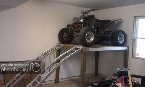 ATV Shelf - Storage - Space issue solved (PICS!) - Yamaha Raptor Forum Motorcycle Storage Garage, Atv Storage, Atv Implements, Shed Diy, Storage Shed Organization, Garage Tool Organization, Garage Storage Solutions, Four Wheeler, Diy Storage Rack