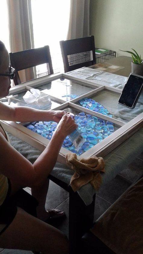 Stained Glass Old Windows, Sea Glass Stained Glass Windows, Old Window Stained Glass Ideas, Sea Glass Window Art Diy, Sea Glass Mosaic Ideas, How To Make Sea Glass Art, Sea Glass Crafts Ideas, Glass On Glass Mosaic Window, Glass Upcycling