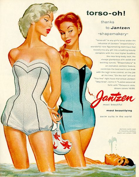 Jantzen Swimwear Ad 1955 by sueism1, via Flickr 1950s Bathing Suits, Jantzen Swimwear, 1950s Swimsuit, Vintage Bathing Suits, Vintage Swim, Vintage Swimsuit, Retro Ads, Vintage Swimwear, Vintage Swimsuits