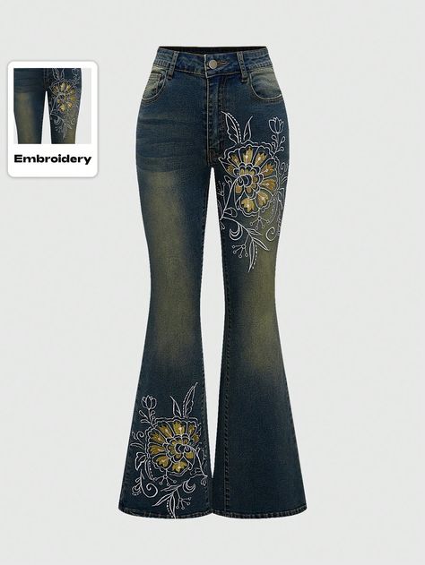 ROMWE Hippie Vintage Hippie Flower Cluster Embroidery Bell Bottom Jeans, SchoolI discovered amazing products on SHEIN.com, come check them out! Flare Jeans Hippie, Baddie Wishlist, Bell Bottom Pants Pattern, Bellbottom Jean, Vintage Bell Bottoms, Bell Bottoms Jeans, Hippie Jeans, 70s Jeans, Moda Hippie