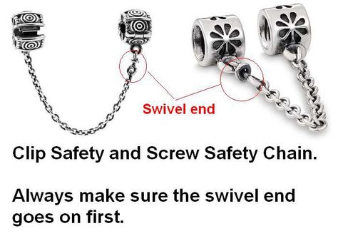 Safety chains come in two styles – clip on or twist on – the following picture (from a Pandora fan) shows how to put the chain on a bracelet the… Pandora Bracelet Safety Chain, Pandora Safety Chain, Customizable Jewelry, Safety Chain, A Bracelet, Pandora Bracelet, Make A Difference, Put On, Tangled