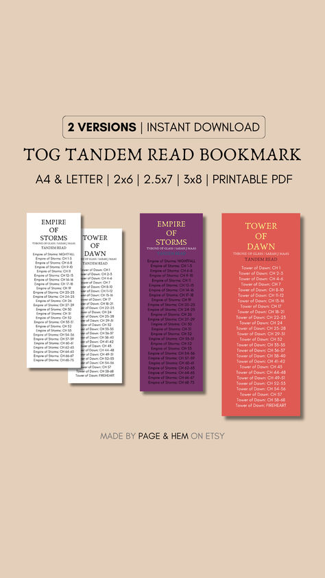 Love Throne of Glass? Interested in tandem reading? Get started with this printable reading guide bookmark for tandem reading Empire of Storms and Tower of Dawn. Includes color version!
Just download, print and get started right away!

✨Your purchase includes printable sizes: A4 & Letter
✨Bookmark sizes: 2x6 inch, 2.5x7 inch & 3x8 inch

#printable #bookmark #throneofglass #tandemread #sarahjmaas #empireofstorms #towerofdawn Tower Of Dawn, Bookmark Printable, Reading Guide, Empire Of Storms, Bookmarks Printable, Throne Of Glass, Sarah J Maas, Sarah J, Tandem