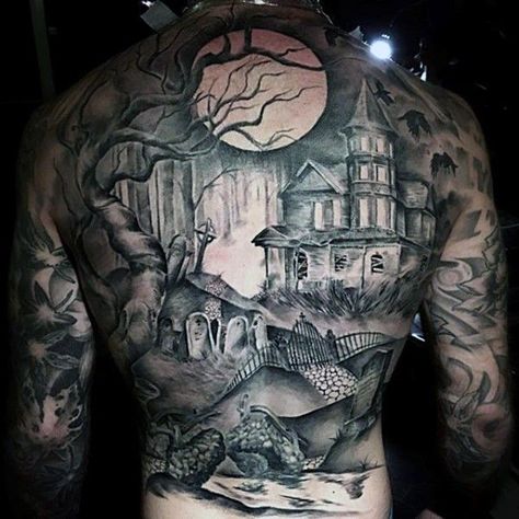 Amazing Back Tattoos, Back Tattoo For Men, Haunted House Tattoo, Graveyard Tattoo, Backpiece Tattoo, Cool Back Tattoos, House Tattoo, Back Tattoo Ideas, Back Piece Tattoo