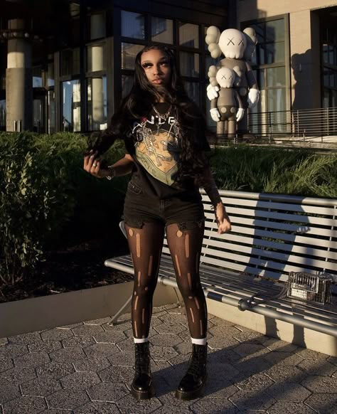 Skirt With Stockings Outfit Aesthetic, Simple Fishnet Outfit, Going Out Outfits With Doc Martens, Skirts With Fishnets Outfit, Club Shorts Outfits Night, Doc Martens Outfit Black Women, Grunge Outfits Black Women, Fishnet Outfit Baddie, Doc Fits