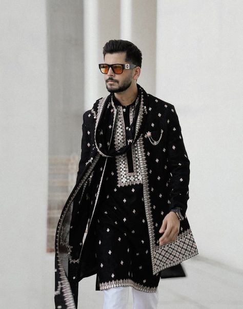 Kurta With Dupatta Men, Black Kurta With Dupatta, Formal Black Sherwani With Dupatta, Black Lakhnavi Kurta Men, Black Fitted Sherwani With Dupatta, Black Sherwani With Dabka Embroidery, Straight Kurta Style, Black Semi-stitched Bollywood Sherwani, Abhishek Nigam, Kurta With Dupatta