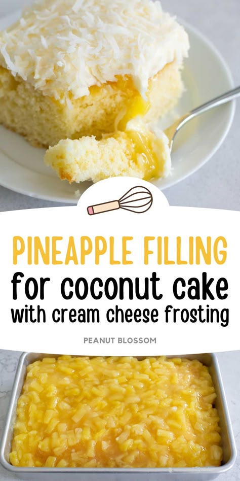 This easy pineapple filling recipe uses canned pineapple tidbits for a burst of pineapple flavor in a rich and decadent cake. Pair with a boxed coconut cake mix and cream cheese frosting for a simple dessert. Yummy Cake Fillings, Pineapple Cake Filling Recipes, Pineapple Pie Filling Recipes, White Cake With Pineapple Filling, Vanilla Cake With Pineapple Filling, Pineapple Cake Cream Cheese Frosting, Pineapple Filling For Cake Recipe, Pineapple Cake Filling, Pineapple Pecan Cake With Cream Cheese Frosting