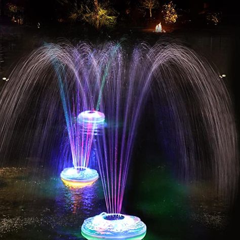 Diy Pool Fountain Waterfalls, Pool Fountain Ideas Diy, Floating Lights In Pool, Lighting Around Pool Ideas, Above Ground Pool Lighting Ideas, Above Ground Pool Fountain, Pool Sprinkler, Zoe Land, Pool Grotto