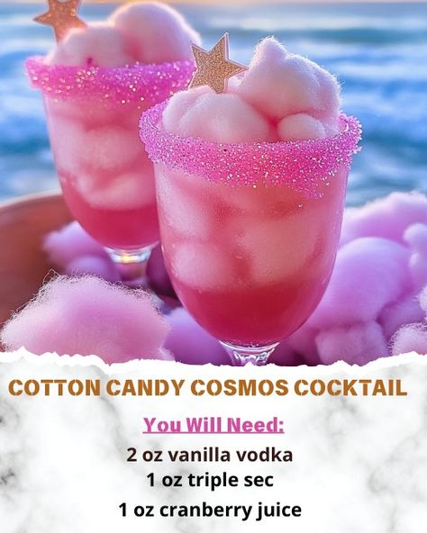 Pink Cotton Candy Cocktail, Cotton Candy Cosmo, Cotton Candy Vodka Drinks, Cotton Candy Alcoholic Drink, Disney Alcoholic Drinks, Cotton Candy Vodka, Drink Essentials, Alcoholic Milkshake, Cotton Candy Drinks