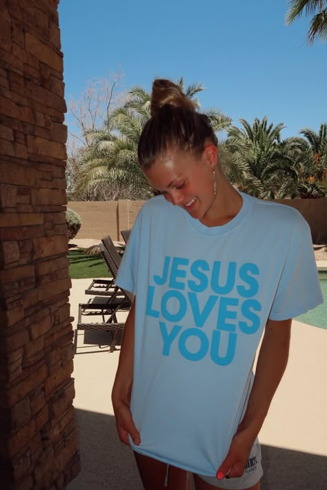 Cute Jesus Loves you T shirt Want me to add something, just message me! Jesus Loves You Shirts, I Love Jesus Shirt, Jesus Loves You Shirt, Summer T Shirt Outfits, Jesus T Shirts, Jesus Clothing, Jesus Shirt, Jesus Merch, Cute T Shirts