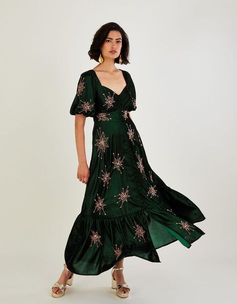 Veera Velvet Star Tea Dress Green | Evening Dresses | Monsoon UK. Lace Bodice Maxi Dress, Green Evening Dresses, Velvet Shirt Dress, Green Evening Dress, Evening Dress Collection, Red Bridesmaid Dresses, Velvet Shirt, Dress Shapes, Puffed Sleeves Dress