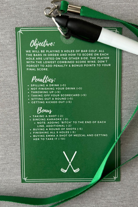 Elevate your night out with the ultimate Bar Golf drinking game! 🍻 Turn any pub crawl into a hilarious competition with our printable template. Each 'hole' is a unique bar, complete with drinks labeled as 'par,' 'bogey,' and 'birdie.' 🏌️‍♂️ Get ready for a night of laughs, friendly competition, and unforgettable memories! Perfect for parties, stag dos, and casual get-togethers. Download and print today for an epic night out! 🥂 #BarGolf #DrinkingGame #PubCrawlFun #Nashville #NashvilleTN Golf Drinking Games, Golf Bar Crawl, Pub Golf Scorecard, Bar Golf, Pub Golf, Golf Bar, Nashville Bars, Golf Scorecard, Golf Theme Party