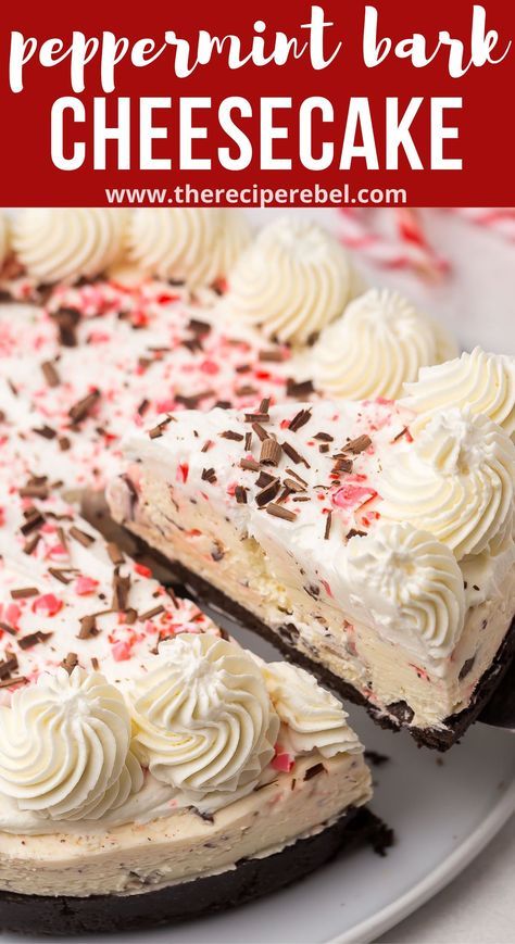 Copycat Cheesecake Factory Peppermint Bark Cheesecake, Southern Living Peppermint Cheesecake, Christmas Treats With Cream Cheese, Peppermint Bark No Bake Cheesecake, Peppermint Bark Desserts, No Bake Peppermint Cheesecake Bites, Frozen Peppermint Dessert, Candy Cane Cheesecake No Bake, Peppermint Lush Dessert