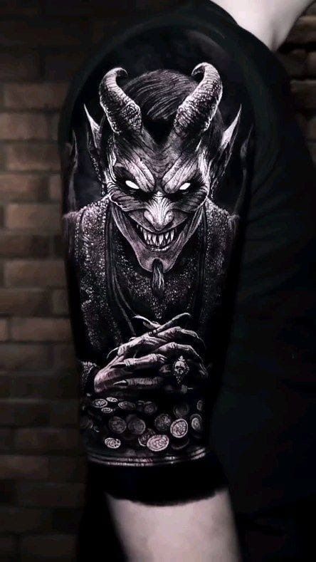 Dark Creepy Tattoos, Devil Tattoo Design, Wolf Eye Tattoo, Mangas Tattoo, Full Leg Tattoos, Surreal Tattoo, Evil Tattoos, Devil Tattoo, Demon Tattoo