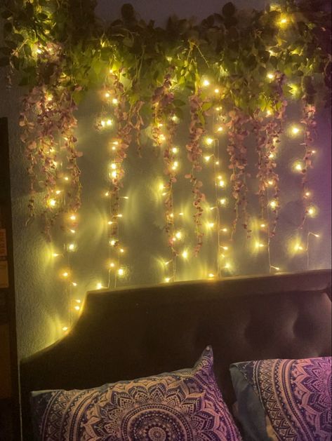 Hanging Wisteria garland with warm twinkle curtain lights Flower Hanging From Ceiling Bedroom, Wisteria Fake Decor, Flower Garland Bedroom Ceiling, Hanging Flower Ceiling Bedroom, Wisteria Fairy Lights, Wisteria Room Decor Aesthetic, Vines And Lights On Ceiling, Wisteria Hanging From Ceiling Bedroom, Wisteria Wall Decor