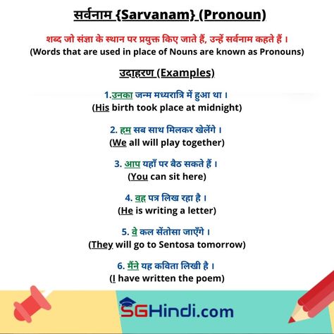 Hello everyone, Here is the meaning of Pronoun in Hindi with examples. We hope that you are learning the Hindi Language without any difficulty. If you find any difficulty in learning Hindi Language, feel free to contact us anytime. Visit our website - www.sghindi.com (link in bio) for learning material related to Pronouns and for more updates on Hindi Grammar. Thank you! Happy Learning!! 1st Class Worksheets, Pronoun Words, Class Worksheets, Learning Hindi, Part Of Speech Noun, Hindi Grammar, Hindi Learning, Happy Learning, Hindi Language Learning