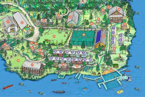 Summer Camp Map, Camp Memories, Camp America, Climbing Tower, Camp Activities, Council House, Riding Arenas, Y Project, Camping Activities