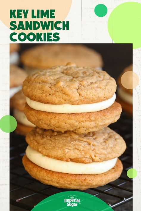 Key Lime Pie Sandwich Cookies are like a mini vacation in the Florida Keys. Picture this: two soft, chewy cookies that taste just like the crust of a key lime pie. Now, sandwiched between these graham-flavored cookies is a zesty key lime buttercream. It's tart, sweet, and creamy all at once, capturing the essence of the beloved key lime Key Lime Buttercream, Lime Buttercream, Flavored Cookies, Key Lime Cookies, Soft Chewy Cookies, Graham Cookies, Cookie Sandwich Recipes, Lime Cookies, Lime Desserts