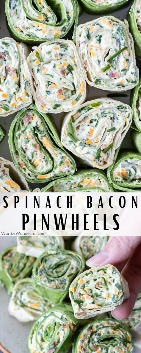 Bacon Spinach Roll Ups are quick and easy appetizer to serve at holidays or parties. Tortilla pinwheels are a great appetizer, snack or lunch. Tortilla Roll Ups For Kids, Finger Foods For Lunch, Christmas Pinwheels Appetizers, Appetizers Easy Finger Food Cold, Lunch Pinwheels, Tortilla Roll Ups Appetizers, Pinwheel Appetizers Cream Cheese, November Meals, Spinach Tortilla Wraps