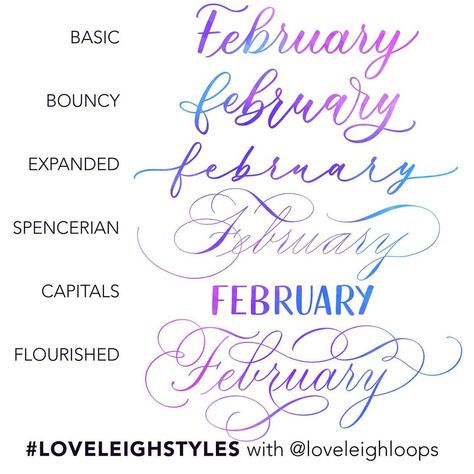 Jillian & Jordan | Calligraphy on Instagram: “It’s a new month which means a new #loveleighstyles post! 💕 Swipe to see our February lettering challenge. You can practice the prompts in…” February Calligraphy, Month Calligraphy, February Lettering, Calligraphy English, Brush Lettering Tutorial, Bullet Journal Hand Lettering, Calligraphy Writing Styles, Cursive Writing Practice Sheets, Flourish Calligraphy