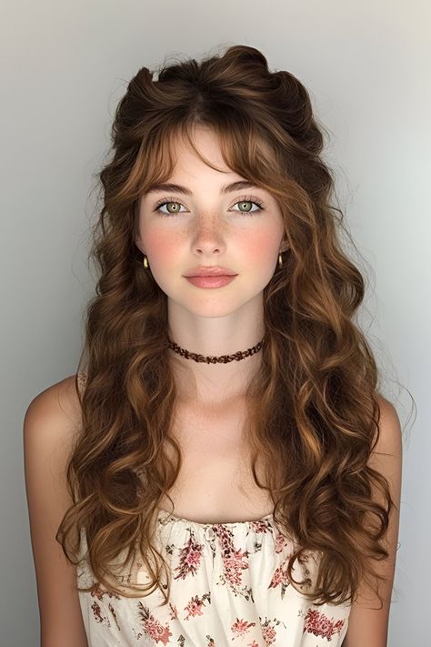 Half Up, Half Down with Curls Framing Curly Hair, Curly Hair Wedding Styles, Face Framing Curly Hair, Bridesmaid Hair Curly, Half Up Half Down Curly, Down Curly Hairstyles, Semi Formal Hairstyles, Curly Hair Half Up Half Down, Wedding Hair Bangs