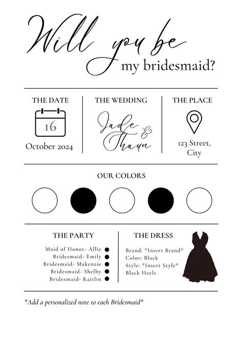 Bridesmaids Proposal Template. A classic, fun, and easy Bridesmaid Proposal template to edit in Canva. Bridesmaid Proposal Easy, Bridesmaid Proposal Black And White, Bachelorette Proposal Ideas, Easy Bridesmaid Proposal, Bridesmaid Party Ideas, Bridesmaids Proposal Ideas, Simple Bridesmaid Proposal, Bridesmaids Duties, Bridesmaid Proposal Ideas