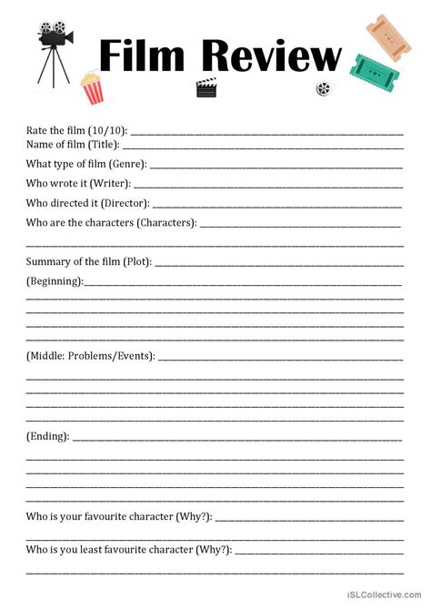 Film Review Questionnaire: English ESL worksheets pdf & doc Movie Review Worksheet, Film Review Example, Movie Lesson Plans, English Journal, Movie Rating, Ell Resources, Movie Worksheet, Speaking Activity, Film Theory