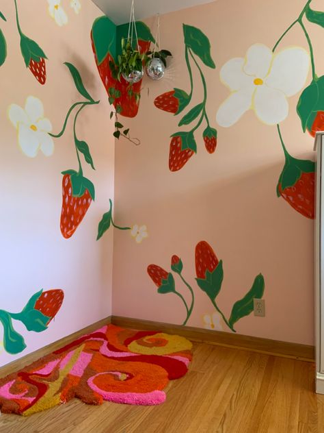 Strawberry mural with disco planters Strawberry Wall Decals, Funky Wall Colors, Strawberry Wall Painting, 70s Mural Art, Funky Paint Walls, Strawberry Wall Mural, Funky Mural Ideas, Funky Wall Art Paintings, Funky Murals Wall Art