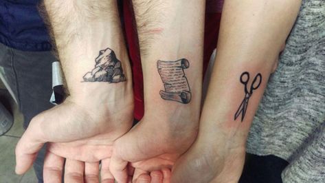 Rock Paper Scissors Tattoo, Bro Tattoos, Matching Friend Tattoos, Brother Tattoos, Matching Sister Tattoos, Mushroom Tattoos, Sibling Tattoos, Small Tattoos Simple, Bff Tattoos