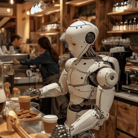 "Robot Barista Working: In the cozy ambiance of a wooden #coffeehouse, a #robotic barista expertly prepares #espresso for customers. #robot #barista #coffee #technology #cafe #aiart #aiphoto #stockcake ⬇️ Download and 📝 #AI 👉 https://stockcake.com/i/robot-barista-working_212962_39111" Barista Working, Futuristic Cafe, Wooden Cafe, Rustic Cafe, Barista Coffee, Futuristic Robot, Coffee Barista, I Robot, Coffeehouse