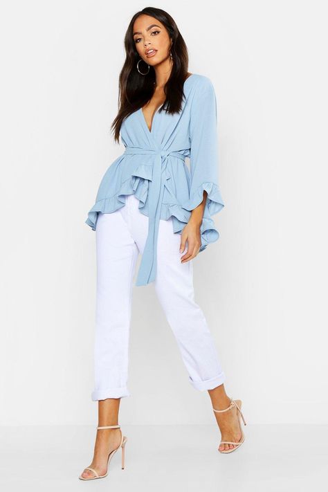 Ruffle Hem Wrap Blouse | boohoo Pastel Blouse, Working Girls, White Shirt Blouse, Boss Girl, Blue Pastel, Black And White Blouse, Pastel Hues, Tailored Pants, Wrap Blouse