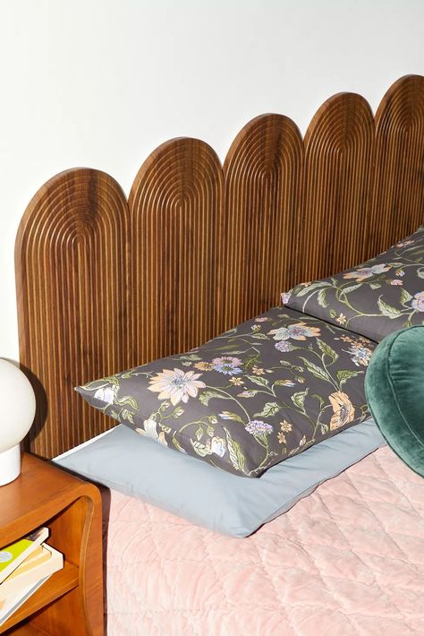 Fern Floating Headboard | Urban Outfitters Colorful Bed Frame, Unusual Headboards, Pvc Headboard, Headboard From Door, Headboard On Wall, Book Headboard, Textured Headboard, Mid Century Style Bedroom, Shelf Headboard