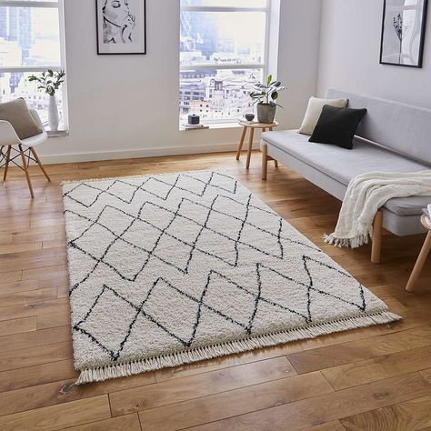 Black and White Boho 8280 Rug | Dunelm White Rugs, Rug Designs, Rugs Uk, Modern Moroccan, Brick Flooring, Modern Kilim, Rug Direct, Dream Houses, Shaggy Rug