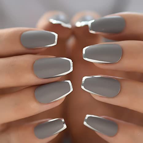 Kiss Press On Nails, Long Press On Nails, Nails Stiletto, Mirror Nails, Nail Type, Gray Nails, Mirror Silver, Metallic Nails, Ballerina Nails