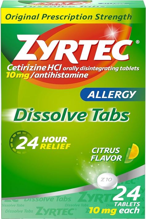 Amazon.com: Zyrtec 24 Hour Allergy Relief Dissolving Tablets with 10 mg Cetirizine HCl Antihistamine, Allergy Medicine for Relief from Allergies Caused by Ragweed & Tree Pollen, Citrus Flavor, 24 ct : Health & Household Allergy Medicine, Allergy Asthma, Allergy Relief, Gluten Free Recipes Easy, Food Choices, Diet Supplements, Sports Nutrition, Medical Supplies, Recipes Easy