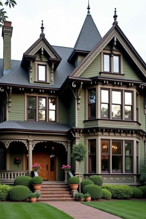 Discover the beauty of Victorian homes—historic, elegant, and full of charm! 🏡✨ #VictorianStyle #HistoricHomes Modern Victorian Home Exterior, Modern Victorian Homes Exterior, Victorian Mansion Exterior, Victorian Homes Exterior Colors, Green Victorian House, English Tudor Cottage, Gothic Victorian House, Modern Victorian Homes, 1900s Home