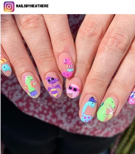 55 Roarsome Dinosaur Nail Art Designs - Nerd About Town Dinosaur Nail Art, Tacky Nails, Animal Nail Designs, Funky Nail Art, Hippie Nails, Nail Art Disney, Vibrant Nails, Animal Nails, Pretty Nail Art Designs