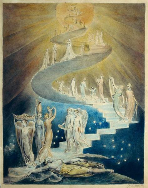 Jacob's Dream by William Blake (c. 1805, British Museum, London) Ladder Art, William Blake Paintings, Jacobs Ladder, Alfons Mucha, Masonic Symbols, Jacob's Ladder, Albrecht Durer, Peter Paul Rubens, William Blake