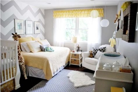 Probably my favorite nursery ever. Click on the pic for more pics of this lovely grey and yellow nursery. Grey Yellow Nursery, Nursery Window, Nursery Guest Room, Yellow Nursery, Chevron Wall, Space Nursery, Grey Nursery, Gender Neutral Nursery, Nursery Inspiration