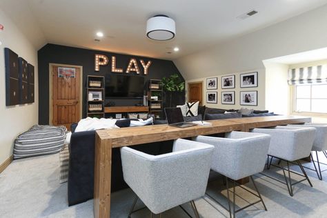 Bedroom Into Game Room, Smart Apartment Design, Farmhouse Gameroom Ideas, Game Room With Bed, Bonus Room Nook Ideas, Game Room Makeover, Sports Family Room, Large Rec Room Ideas, Navy Theater Room