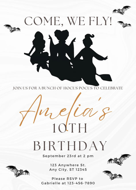 Enchanting Hocus Pocus Editable Birthday Invitation - Make Magic Memories! Get ready to cast a spell of excitement with our Hocus Pocus themed editable birthday invitation! Instant download of an editable digital file High-resolution design featuring charming Hocus Pocus elements Easy-to-use template for adding your personalized party details Unlimited revisions to ensure perfection Hocus Pocus Invitations, Hocus Pocus Party Invitation, Hocus Pocus Themed Party, Hocus Pocus Birthday Party, Hocus Pocus Birthday, Witches Birthday, Witch Halloween Party, Painted Banners, Witches Halloween Party