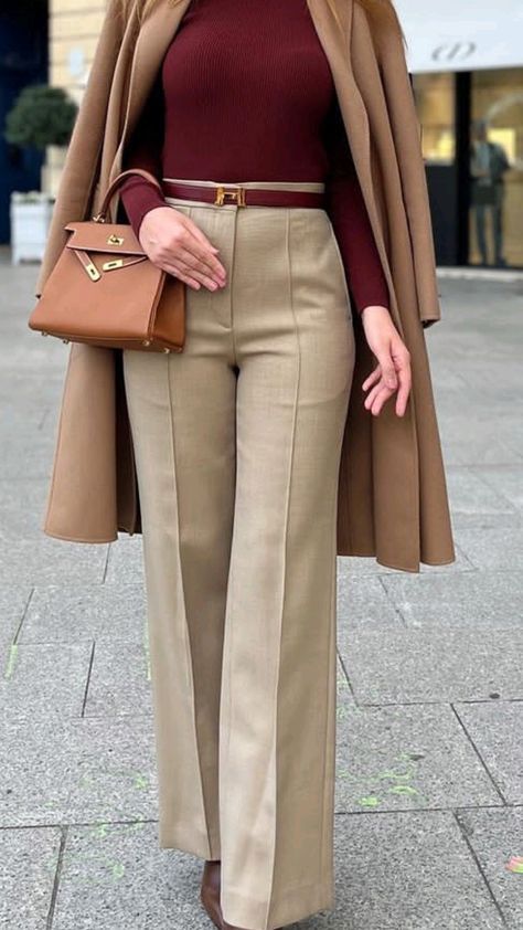 Beige Maroon Outfit, Winter Formal Looks For Women, Winter Formal Wear Women, Fall Quiet Luxury Outfits, Elegant Chic Outfits Classic Style, Classy Formal Outfits For Women, Elegant Winter Outfits Classy, Formal Pants For Women, Elegant Business Casual