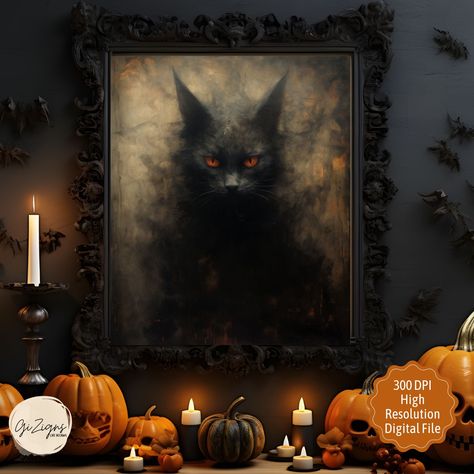 "Spooky, creepy haunted vibes will be felt with this trendy digital printable Halloween scary black cat wall art.  This Halloween grunge cat artwork will be delivered by a digital wall art file link in 6 different ratio formats to download and print for your Halloween home, Halloween school and Halloween party décor, posters, decorations and wall art.  Creepy!  Scary!           🎨 Artistry Unleashed: Elevate your wall decor with our digital art pieces. Each file is carefully designed to evoke em Scary Black Cat, Halloween Grunge, Spooky Vintage, Cat Printable, Chat Halloween, Halloween Wall Decor, Halloween Wall Art, Cat Artwork, Halloween Poster