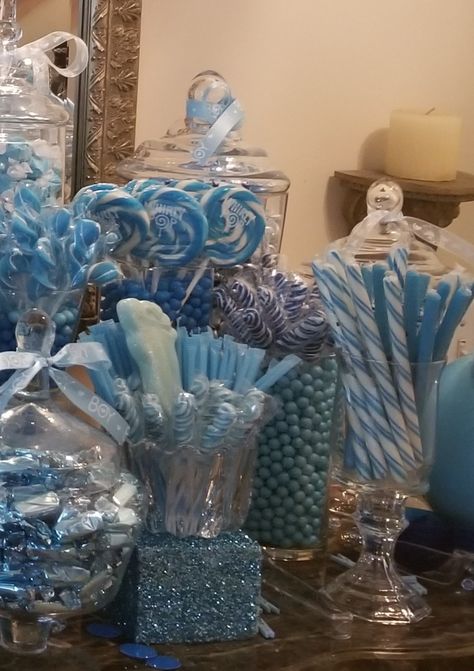 Candy Buffet Winterland Quinceanera, Snack Corner, Gold Candy Buffet, Blue Candy Buffet, Blue Buffet, Kids Table Wedding, Wedding Food Stations, Candy Buffet Tables, Buffet Ideas